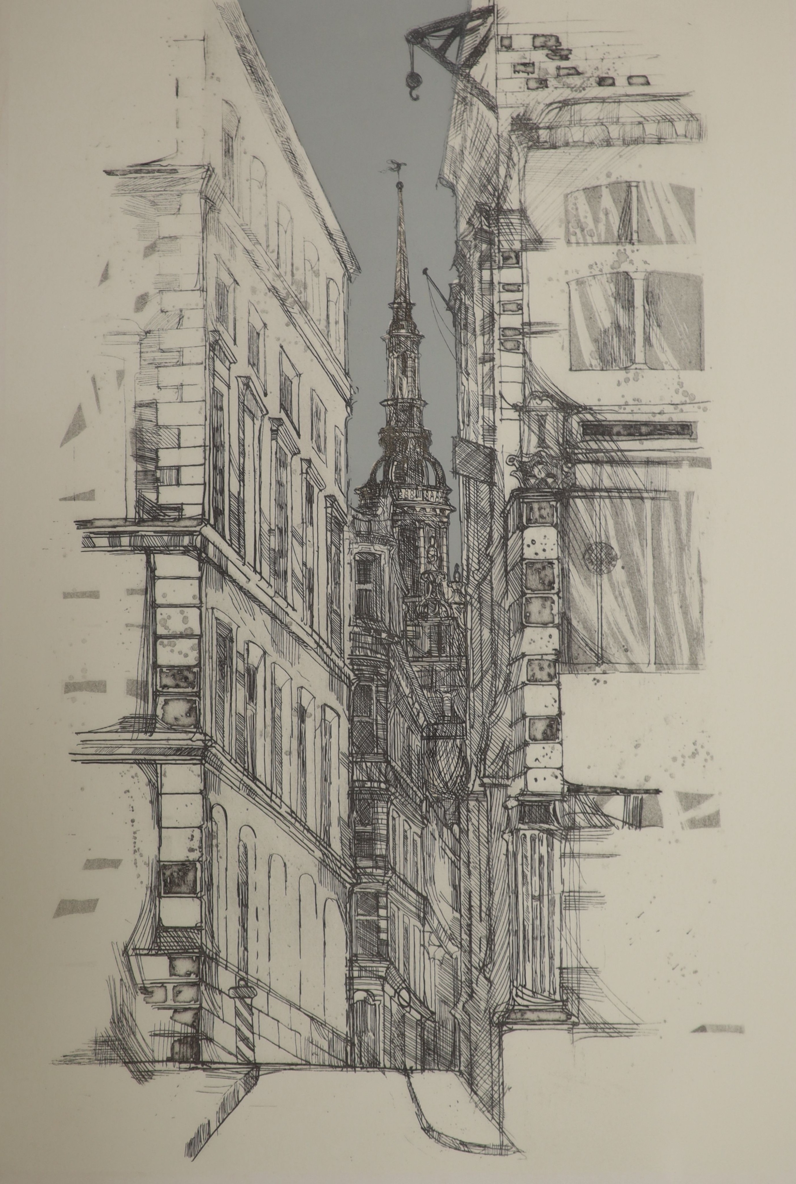 Richard Beer, two limited edition etchings,St Mary Le Bow and Campanile, signed, 32/75 and 61/100, 62 x 41cm and 61 x 44cm